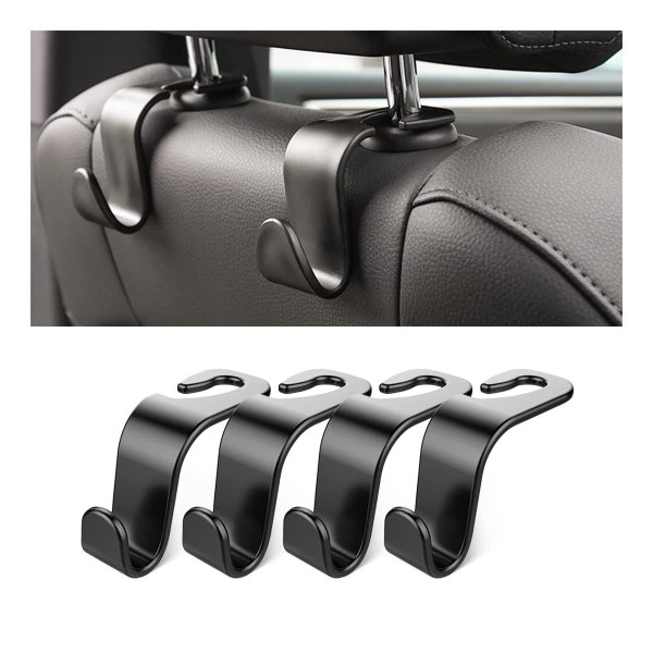 Car Back Seat Headrest Hooks, 4 Pack Black Stylish Back Seat Hanger for Car Handbag Clothes Coats Grocery Bags, Car Interior Accessories (Black2)