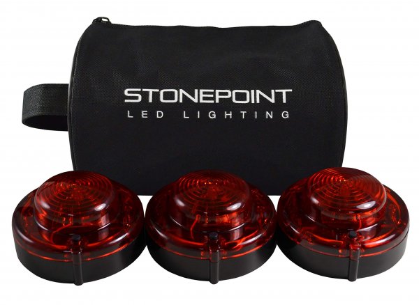 StonePoint LED Lighting Emergency LED Road Flare Kit Set of 3 LED Bright Roadside Beacons with Magnetic Base Flashing or Steady Red Lights Includes Storage Bag