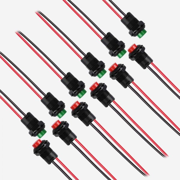 12mm Mini Latching Push Button on Off Switch Prewelded Wire,Self-Locking Micro Round Momentary Toggle Tactile Switch,2pin 12v red * 6pcs,Green*6pcs,Total 12pcs,lkelyonewy