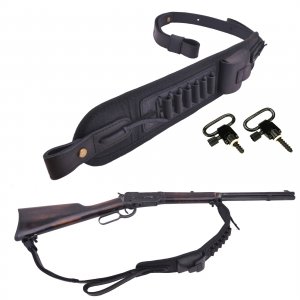 Leather Ammo Holder Rifle Sling Hunting Gun Strap for 30/30 .357 .45 .45-70 .22 12GA 20GA (Black with Swivels, .357 .30-30 .35 .38)