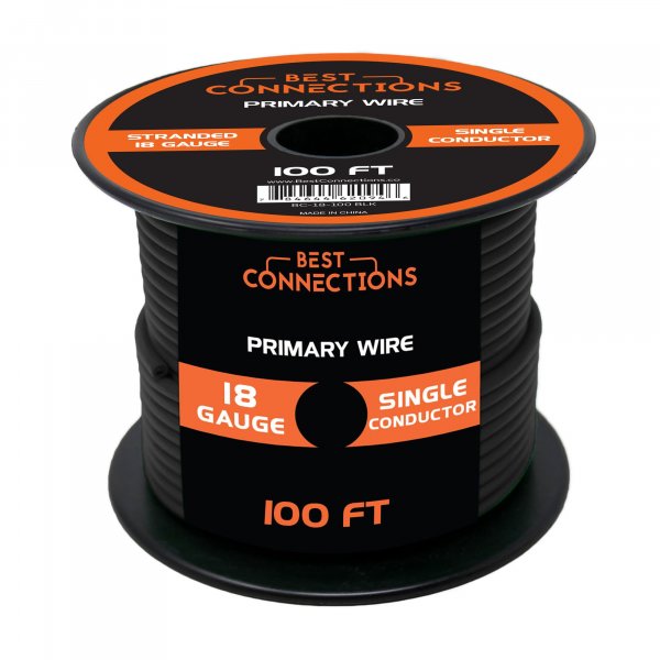 BEST CONNECTIONS Automotive Primary Wire - 100ft (Various Color Options) | Ideal for Trailer, Speaker, and Lighting Circuits | Durable Primary/Remote, Power/Ground Electrical Wiring (18 Guage, Black)