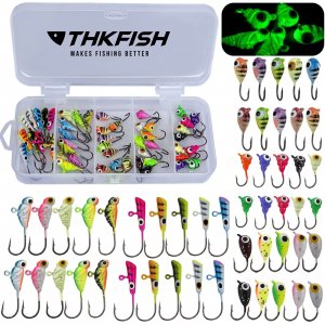THKFISH 50Pcs/Box Ice Fishing Jigs Set Ice Fishing Lures Walleye Jigs Heads for Ice Fishing Gear Kit Panfish Crappie Perch Jigs Ice Fishing Box A