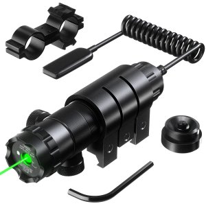 Pinty Hunting Rifle Green Laser Sight Dot Scope with 20mm Weaver & 1" Barrel Mount, Adjustable Windage & Elevation, Remote Pressure Switch Included