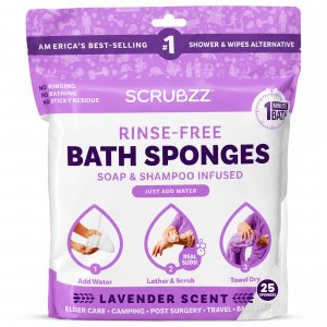 Scrubzz Disposable No Rinse Bathing Wipes - 25 Pack - All-in-1 Single Use Shower Wipes, Simply Dampen, Lather, and Dry Without Shampoo or Rinsing (Lavender, 1-Pack)