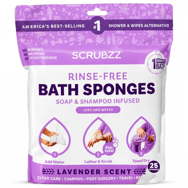 Scrubzz Disposable No Rinse Bathing Wipes - 25 Pack - All-in-1 Single Use Shower Wipes, Simply Dampen, Lather, and Dry Without Shampoo or Rinsing (Lavender, 1-Pack)