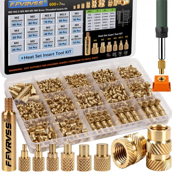 FFVRVSS 600+7Pcs Brass Threaded Inserts M2 M2.5 M3 M4 M5 M6 for 3D Printing