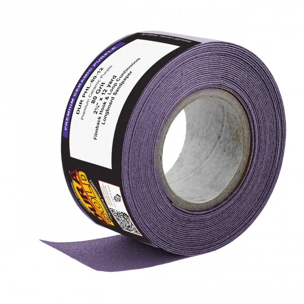 Dura-Gold Premium 80 Grit Purple Film Ceramic Longboard Sandpaper, 2-3/4" Wide Continuous 12 Yard Roll - Hook & Loop Backing for Auto & Woodworking Air File Long Board Sanders, Hand Sanding Blocks