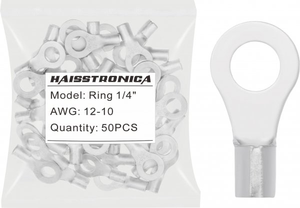 haisstronica 50PCS Ring Terminals 1/4" AWG 12-10 Non-Insulated Bare Copper