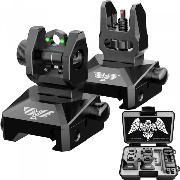 Visiofire Fiber Optic Iron Sights for Picatinny Rail | Flip Up Front and Rear Backup Sights with Red Green Dots | Tool-Free Ajustable Rear Flip Up Sights | Pop Up Fiber Optic Sights Rapid Transition