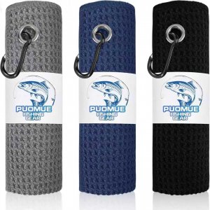 Puomue 3 Pack Microfiber Fishing Towels with Clip, 16" x 16", Waffle Pattern for Effective Cleaning of Fishing Gears or Dirty Hands, Perfect for Camping Towels and Hiking Towles