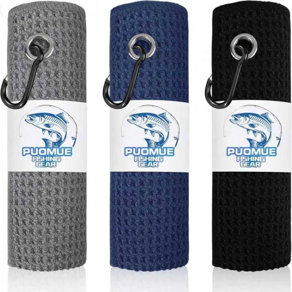 Puomue 3 Pack Microfiber Fishing Towels with Clip, 16" x 16", Waffle Pattern for Effective Cleaning of Fishing Gears or Dirty Hands, Perfect for Camping Towels and Hiking Towles