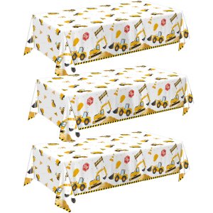 QIYANPAX 3 Pack Construction Plastic Birthday Party Tablecloths, 54 x 108 Inches - Truck Excavator Table Covers for Construction Birthday Decorations