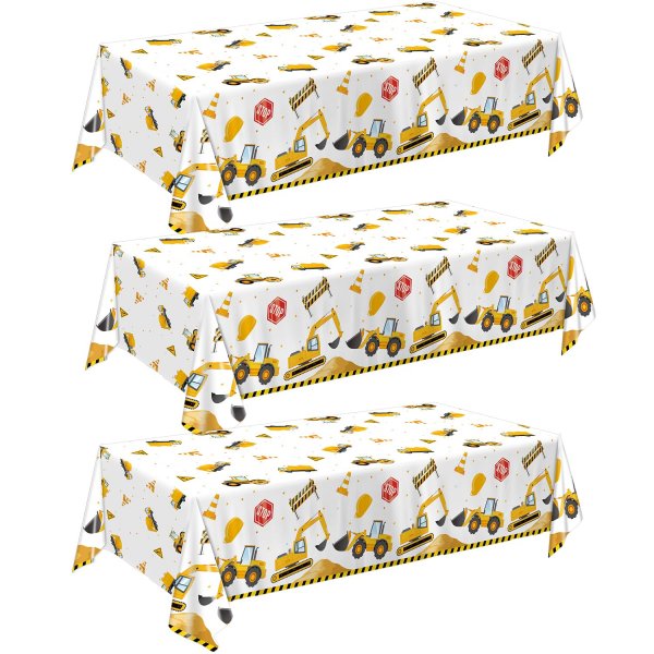 QIYANPAX 3 Pack Construction Plastic Birthday Party Tablecloths, 54 x 108 Inches - Truck Excavator Table Covers for Construction Birthday Decorations