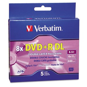 Verbatim 95311 8.5GB 8x Branded AZO DVD+R DLs, 5 pk with Slim Cases
