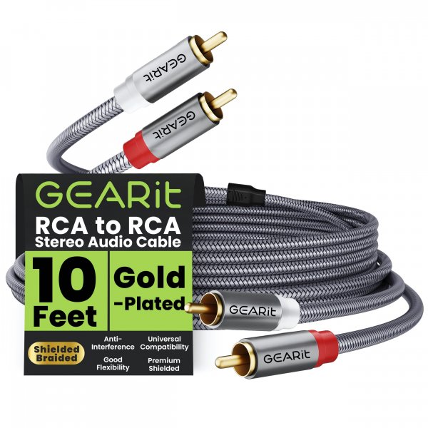 GEARit RCA Cables Car Audio 10ft Copper, RCA Cables Car Audio with Dual Shielding & Gold-Plated Connectors, RCA Cable for Subwoofer Cable, Hi-Fi System, Amplifier, Active Speakers, Gaming Consoles