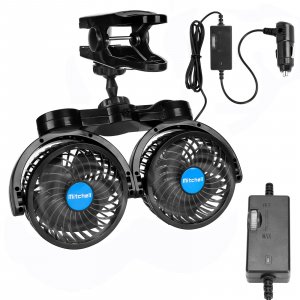 Hynoo 12V Car Clip Fans, Adjustable Dual Head Clip Fan 360° Rotatable Cooling Air Fan, 4'' Electric Auto Car Fans with Cigarette Lighter Plug for Vehicles, RV, SUV