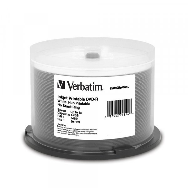 Verbatim 94854 4.7GB 8x DataLifePlus Inkjet Printable/Hub Printable DVD-Rs, 50ct