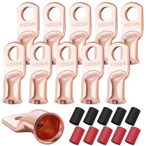 XHF 10PCS 1/0 AWG-3/8 Heavy Duty Battery Lugs with 3:1 Heat Shrink Tubing(UL Listed), Ring Terminals Battery Cable Ends Copper Eyelets Electrical Battery Connectors
