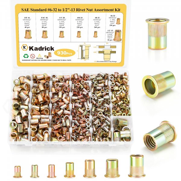 KADRICK 930PCS SAE Rivet Nut Kit,Size from #6-32 to 1/2''-13