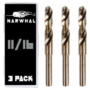 Narwhal 11/16" Drill Bits for Metal (M35 Cobalt - 3 Pack) 6" Length & 135 Degree Split Point for Drilling Into Metal, Hardened & Stainless Steel, Cast Iron, & More!