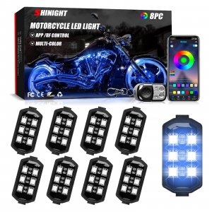 SHINIGHT 8 Pcs Motorcycle LED Light Kits, App Control Multicolor Waterproof Motorcycle LED Strip Lights with RF Remote, Music Sync & Multiple Scene Modes RGB LED Lights for Motorcycles