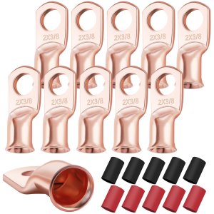XHF 10PCS 2 AWG-3/8 Heavy Duty Battery Lugs with 3:1 Heat Shrink Tubing(UL Listed), Ring Terminals Battery Cable Ends Copper Eyelets Electrical Battery Connectors