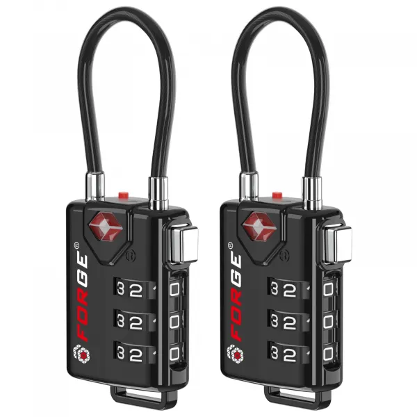 Forge TSA Approved Luggage Locks, TSA Open Alert Cable Lock, Black, 2 Pack