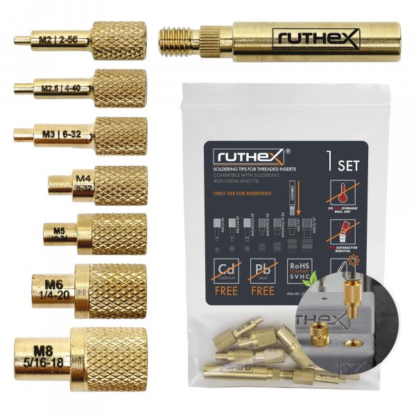 ruthex 7X Soldering Tips/Heat Set Insert Tips - for Thread Inserts M2 / M2.5 / M3 / M4 / M5 / M6 / M8 - #2-56 / #4-40/ #6-32/ #8-32/ #10-24 1/4" and Soldering Iron Adapter 900M / T18