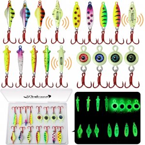 Dovesun 15PCS Rattling Glow Ice Fishing Spoons Kit for Bass, Crappie, Panfish, Perch, Trout, Walleye