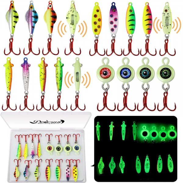 Dovesun 15PCS Rattling Glow Ice Fishing Spoons Kit for Bass, Crappie, Panfish, Perch, Trout, Walleye