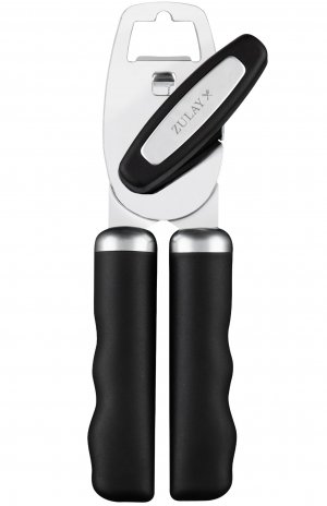 Zulay Kitchen Heavy Duty Stainless Steel Can Opener Manual with Bottle Opener - Rust Proof Manual Can Opener With Turn Knob & Comfy Soft Grip Handles - Black