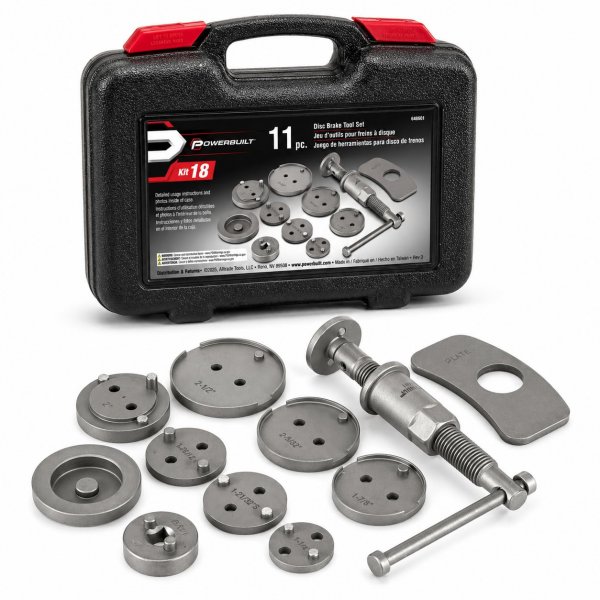 Powerbuilt Rear Disc Brake Adjust Tool Kit, Caliper Piston Adjustment, Vehicle Parking Brakes, T-Handle Center Screw, Adapters, Storage Case - 648601
