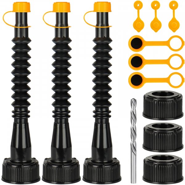Qilinba Gas Can Spout Replacement 3 Kits, Gas Can Nozzle Replacement Set for most 1/2/5 Gallon Gas Cans, Upgraded Fuel Tank Spout with Flexible Nozzle, Vent Cap, Thick Rubber Pad, Spout Cover, Black