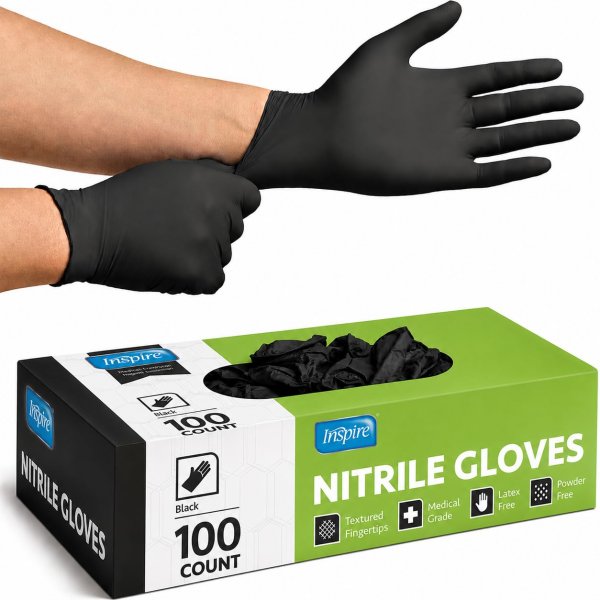 Inspire Black Nitrile Disposable Gloves | 4.5 Nitrile Disposable Safety Medical Cooking Cleaning Gloves (Black - Box Of 100, Medium)
