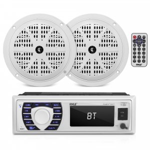 Pyle Marine Receiver & Speaker Kit - In-Dash LCD Digital Stereo Built-in Bluetooth & Microphone w/ AM FM Radio System 5.25’’ Waterproof Speakers (2) MP3/USB/SD Readers & Remote Control - PLMRKT36WT