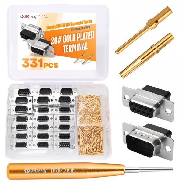 JRready ST6579 DB9 Pins Sockets Gold-Plated Crimp Terminals DB9 Connectors Pin Removal Tool DRK-D Sub Insertion Extraction Tool 20# Crimp Contacts 150Pairs Standard 205089-1 and 205090-1 331PCS