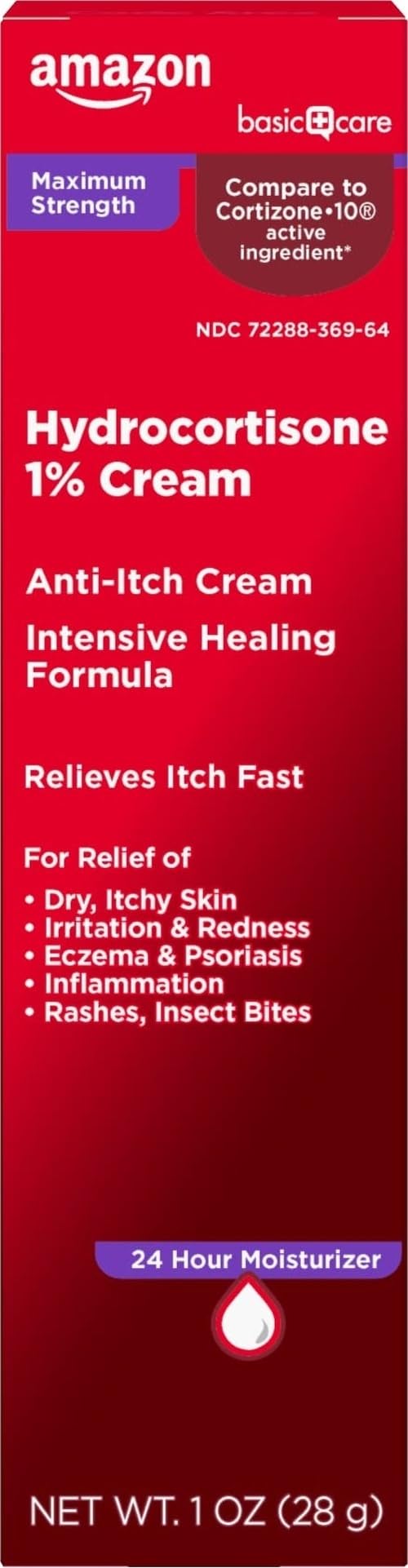 Amazon Basics Max Strength Anti-Itch Cream, Hydrocortisone 1% Intensive Healing Formula, Itch Relief for Bug Bites, Eczema, Psoriasis, Poison Ivy, Oak and Sumac, 1 Ounce (Previously Care)
