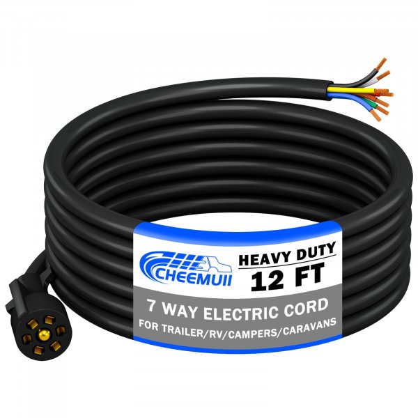 CheeMuii 12 FT 7 Way Trailer Cord Heavy Duty 12 FT Trailer Wiring Harness 7 Pin Trailer Plug Inline Wire Harness Cable for Trailers RVs Campers