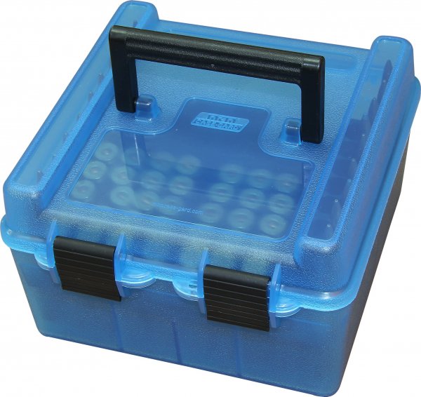 MTM Case-Gard R-100-MAG-24 Deluxe Ammo Box, 100 Round, Fits Regular Mag WSM WSSM Ultra Mag, Sauh, Handle, Lockable, USA Made, Clear Blue