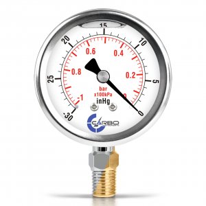 CARBO Instruments Vacuum Pressure Gauge 0 to -30 inHg, Glycerin Liquid Filled, 2.5" Dial, 1/4 NPT Lower Mount, 304 Stainless Steel Case, Brass Wetted Parts, Dual Scale inHg/Bar - ASME B40.1 Grade A