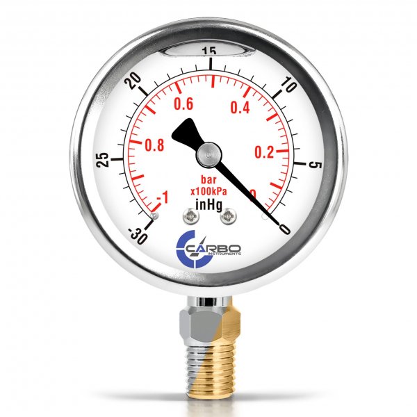 CARBO Instruments Vacuum Pressure Gauge 0 to -30 inHg, Glycerin Liquid Filled, 2.5" Dial, 1/4 NPT Lower Mount, 304 Stainless Steel Case, Brass Wetted Parts, Dual Scale inHg/Bar - ASME B40.1 Grade A