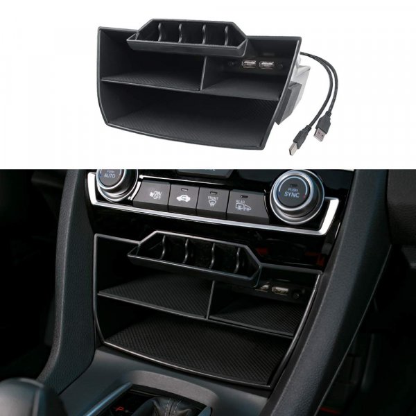 Thenice for 10th Gen Civic Central Console Storage Box Coins Trays Cards Organizer with USB Extension Cable Compatible with Honda Civic 2016 2017 2018 2019 2020 2021