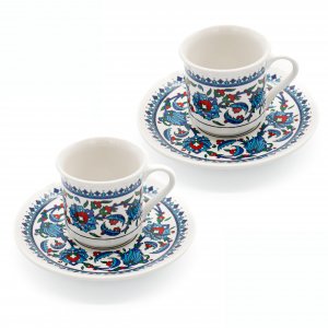 Turkish Coffee Cups Set of 2 with Saucers and Cup Holder, Ceramic Espresso Cups, Perfect for Serving Arabic Coffee – White & Blue Pattern