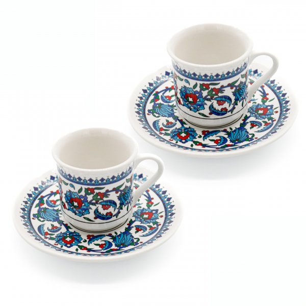 Turkish Coffee Cups Set of 2 with Saucers and Cup Holder, Ceramic Espresso Cups, Perfect for Serving Arabic Coffee – White & Blue Pattern