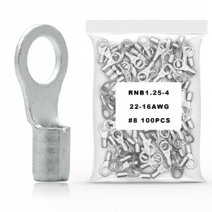 100Pcs #8 Non-Insulated Ring Terminal,22-16 AWG Red Copper Wire Connectors,O-Type Crimp Connector Terminal Kit