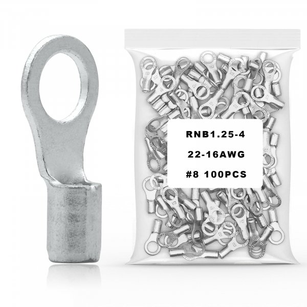100Pcs #8 Non-Insulated Ring Terminal,22-16 AWG Red Copper Wire Connectors,O-Type Crimp Connector Terminal Kit