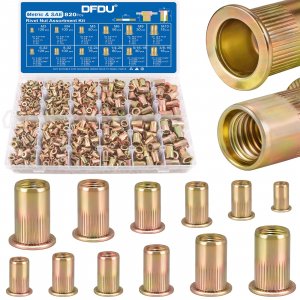 DFDU 820Pcs Rivnut Assortment Kit, Metric & SAE Rivet Nut M3 M4 M5 M6 M8 M10#6-32#8-32#10-24 1/4"-20 5/16"-18 3/8"-16 Zinc Plated Carbon Steel Nutsert Flat Head Threaded Inserts for Metal Furniture