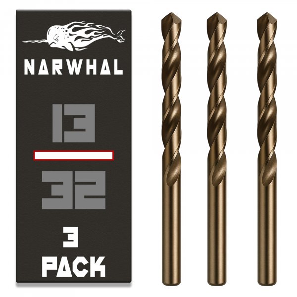 Narwhal 13/32 Inch Cobalt Drill Bits (3 Pack - Industrial Grade M35 Cobalt) 5-1/4" Length & 135 Degree Split Point for Drilling Into Metal, Hardened & Stainless Steel, Cast Iron, & More!