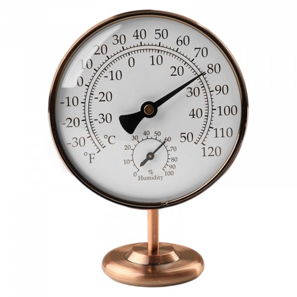 Foxyoo 4-Inch Indoor Thermometer and Humidity Gauge, Room Analog Temperature and Humidity Monitor, Dual Scale Display, Brass Dial with Stand, Battery-Free for House, Home, Desk, Bedroom, Garage, RV