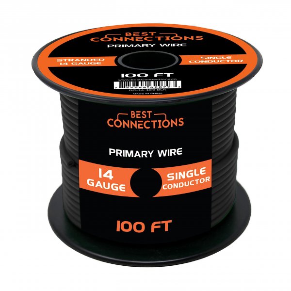 BEST CONNECTIONS Automotive Primary Wire - 100ft (Various Color Options) | Ideal for Trailer, Speaker, and Lighting Circuits | Durable Primary/Remote, Power/Ground Electrical Wiring (14 Gauge, Black)